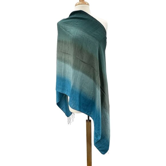 Womens Silk Scarf Ombre Soft Blue to Greens Wrap  88” Long Fringed - Picture 2 of 10